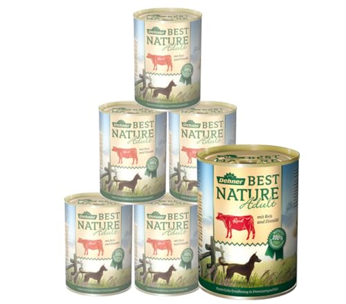Dehner Best Nature Hundefutter, Nassfutter getreidefrei, für ausgewachsene Hunde, Rind / Reis / Distelöl, 6 x 400 g Dose (2.4 kg) von Dehner