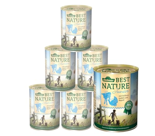 Dehner Best Nature Hundefutter, Nassfutter getreidefrei, für Welpen und junge Hunde, Pute / Kalb / Vollkornnudeln, 6 x 400 g Dose (2.4 kg) von Dehner