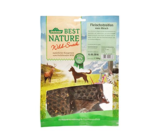 Dehner Best Nature Hundesnack, Leckerli 100 % natürlich, Kausnack für ausgewachsene / sensible Hunde, Barf geeignet, Hirschfleisch-Streifen, 5 Stück (100 g) von Dehner