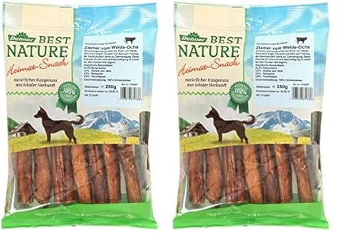 Dehner Best Nature Hundesnack, hochwertiges Leckerli getreidefrei/zuckerfrei, Kausnack für Hunde, Ochsenziemer, 250 g (Packung mit 2) von Dehner