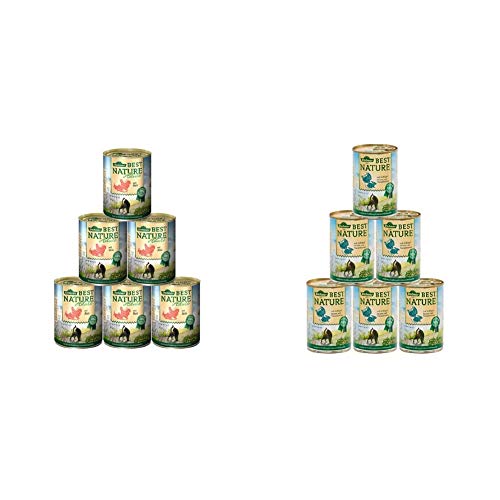 Dehner Best Nature Katzenfutter Adult, Lachs und Huhn, 6 x 400 g (2.4 kg) & Best Nature Katzenfutter Adult, Geflügelherzen und Kaninchen, 6 x 400 g (2.4 kg) von Dehner