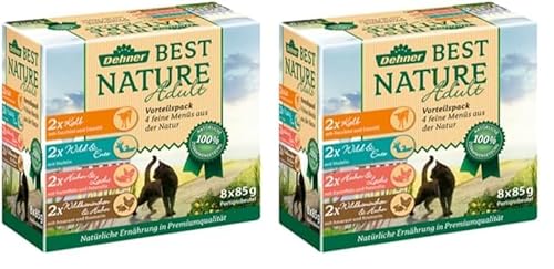 Dehner Best Nature Katzenfutter Multipack, Nassfutter, für ausgewachsene Katzen, je 2 x Kalb/Wild/Huhn/Kaninchen, 8 x 85 g Beutel (680 g) (Packung mit 2) von Dehner