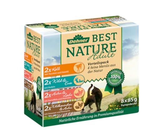 Dehner Best Nature Katzenfutter Multipack, Nassfutter, für ausgewachsene Katzen, je 2 x Kalb / Wild / Huhn / Kaninchen, 8 x 85 g Beutel (680 g) von Dehner