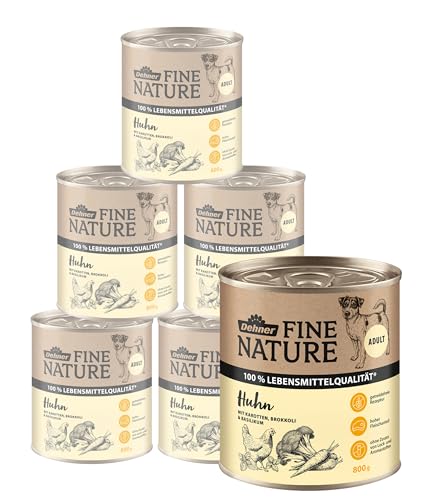 Dehner Fine Nature Hundefutter, Nassfutter in Lebensmittelqualität, für ausgewachsene Hunde, Huhn, 6 x 800 g Dose (4.8 kg) von Dehner