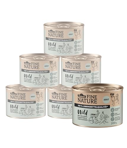 Dehner Fine Nature Hundefutter, Nassfutter in Lebensmittelqualität, für ausgewachsene Hunde, Wild, 6 x 200 g Dose (1.2 kg) von Dehner