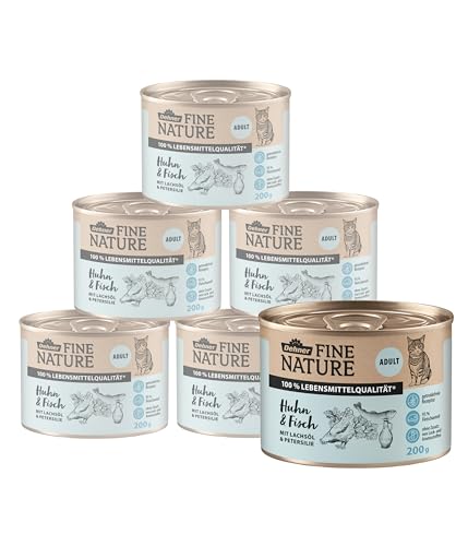 Dehner Fine Nature Katzenfutter, Nassfutter getreidefrei, für ausgewachsene Katzen, Huhn / Fisch, 6 x 200 g Dose (1.2 kg) von Dehner