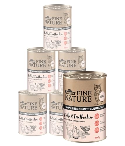 Dehner Fine Nature Katzenfutter, Nassfutter getreidefrei, für ausgewachsene Katzen, Kalb / Truthahn, 6 x 400 g Dose (2.4 kg) von Dehner