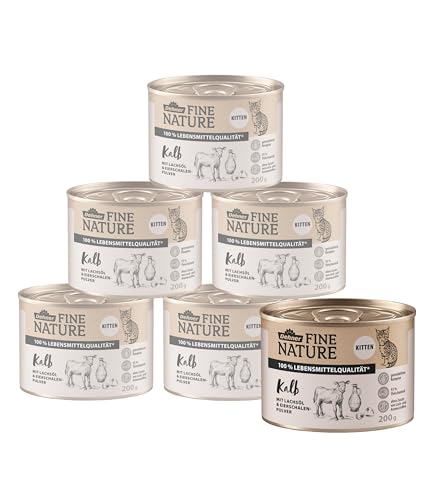 Dehner Fine Nature Katzenfutter Kitten, Nassfutter getreidefrei, für junge Katzen, Kalb, 6 x 200 g Dose (1.2 kg) von Dehner
