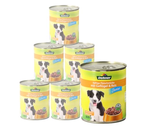 Dehner Hundefutter, Nassfutter vitaminreich, für Welpen und junge Hunde, Geflügel / Reis, 6 x 800 g Dose (4.8 kg) von Dehner
