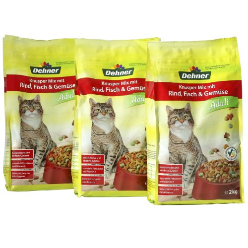 Dehner Katzenfutter Knusper-Mix, Trockenfutter zuckerfrei, für ausgewachsene Katzen, Rind / Fisch / Gemüse, 6 x 400 g (2.4 kg) von Dehner
