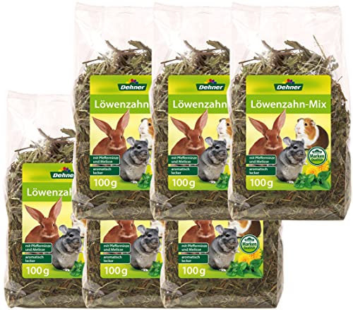 Dehner Nagersnack, Nagerfutter 100 % natürlich, für Kaninchen / Nagetiere, Löwenzahn mit Heu / Pfefferminze / Melisse, 6 x 100 g (600 g) von Dehner