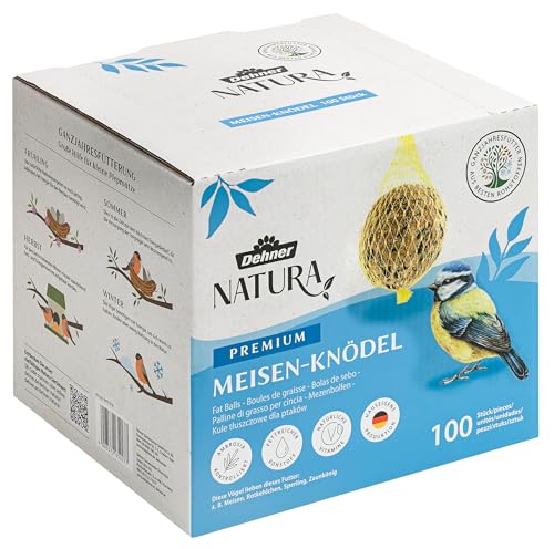 Dehner Natura Premium Meisenknödel mit Netz, ganzjähriges Wildvogelfutter proteinreich / energiereich, Vogelfutter für Wildvögel, 100 Stück je 90 g (9 kg), Karton aus FSC-zertifizierter Produktion von Dehner