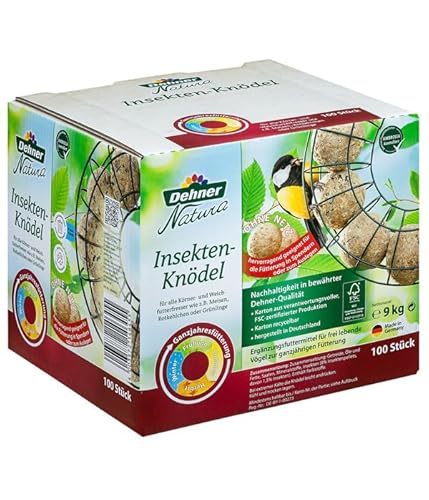 Dehner Natura Wildvogelfutter, Meisenknödel, Insekten-Knödel, ohne Netz, 100 Stück je 90 Gramm (9 kg), Karton aus FSC®-zertifizierter Produktion von Dehner