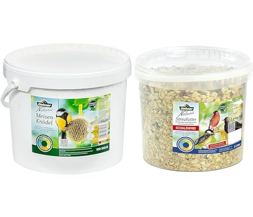 Dehner Natura Wildvogelfutter, Meisenknödel, mit Netz, 100 Stück (10 kg) & Natura Wildvogelfutter, schalenfreies Streufutter, 3.6 kg von Dehner