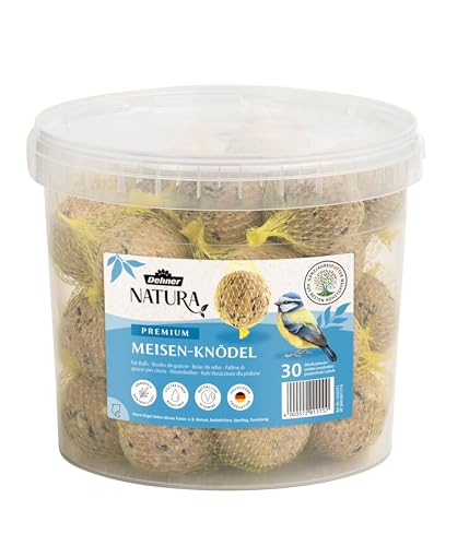 Dehner Natura Premium Meisenknödel mit Netz, ganzjähriges Wildvogelfutter proteinreich / energiereich, hochwertiges Vogelfutter für Wildvögel, im Eimer, 30 Stück je 90 g (2.7 kg) von Dehner