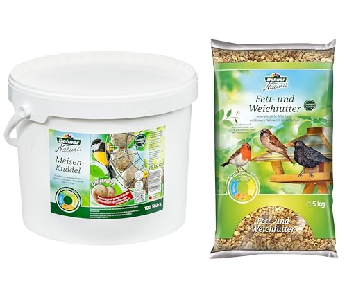 Dehner Natura Wildvogelfutter, Meisenknödel, ohne Netz, 100 Stück (10 kg) & Natura Wildvogelfutter, Fett- und Weichfutter, 5 kg von Dehner