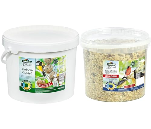 Dehner Natura Wildvogelfutter, Meisenknödel, ohne Netz, 100 Stück (10 kg) & Natura Wildvogelfutter, schalenfreies Streufutter, 3.6 kg von Dehner
