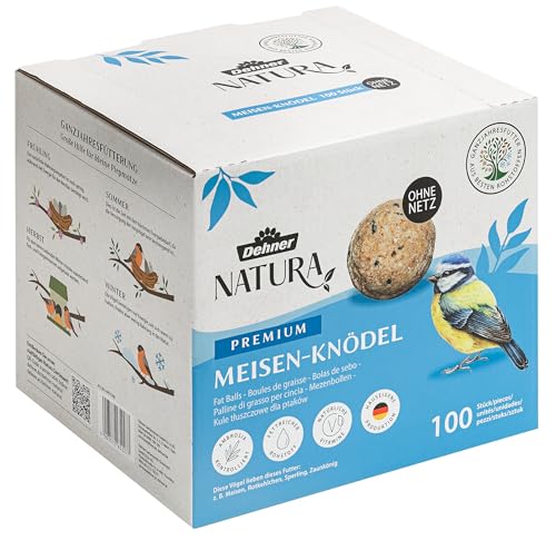 Dehner Natura Premium Meisenknödel ohne Netz, ganzjähriges Wildvogelfutter proteinreich / energiereich, Vogelfutter für Wildvögel, 100 Stück je 90 g (9 kg), Karton aus FSC-zertifizierter Produktion von Dehner