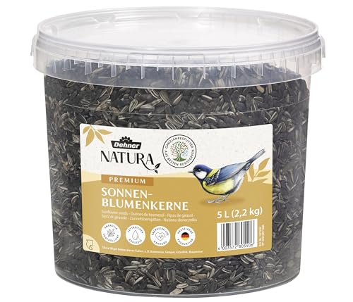 Dehner Natura Wildvogelfutter | ungeschälte Sonnenblumenkerne | Gestreift | Ergänzungsfutter | Fettfutter | Körnerfutterfresser | Meisen Finken und Sperlinge | im Eimer | 5 L (2,2kg) von Dehner