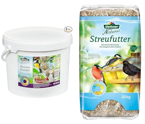 Dehner Natura Wildvogelfutter, Streufutter, 20 kg & Natura Wildvogelfutter, Beeren-Knödel ohne Netz, 100 Stück (10 kg) von Dehner