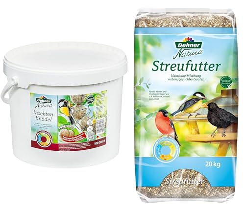 Dehner Natura Wildvogelfutter, Streufutter, 20 kg & Natura Wildvogelfutter, Insekten-Knödel, ohne Netz, 100 Stück (10 kg) von Dehner