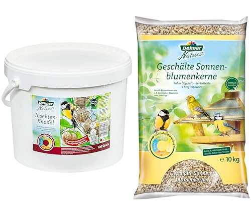 Dehner Natura Wildvogelfutter, geschälte Sonnenblumenkerne, 10 kg & Natura Wildvogelfutter, Insekten-Knödel, ohne Netz, 100 Stück (10 kg) von Dehner