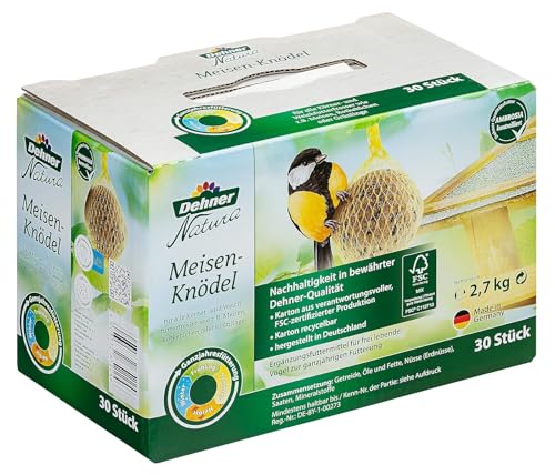 Dehner Natura Wildvogelfutter, Meisenknödel, Bio-Netz, 30 Stück je 90 Gramm (2.7 kg), Karton aus FSC®-zertifizierter Produktion von Dehner
