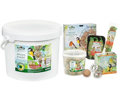 Dehner Natura Wildvogelfutter Starterset, Meisenknödel-Ring und Futtermix, 5-teilig & Natura Wildvogelfutter, Meisenknödel, ohne Netz, 100 Stück (10 kg) von Dehner