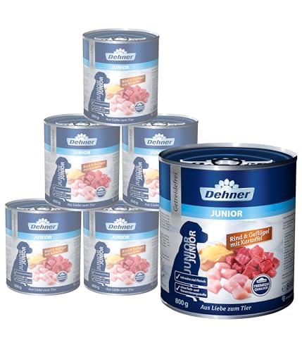 Dehner Premium Hundefutter Junior | Nassfutter für Welpen und junge Hunde | Hundenassfutter in Premiumqualität | hoher Fleischanteil | getreidefei | mit Rind, Geflügel und Kartoffel | 6 x 800 g von Dehner