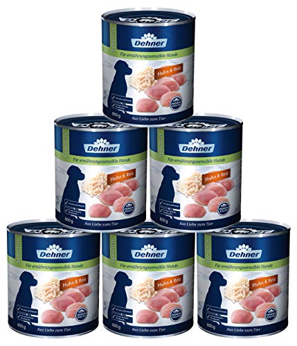 Dehner Premium Hundefutter Sensitive, Nassfutter zuckerfrei / getreidefrei, für ausgewachsene ernährugssensible Hunde, Huhn / Reis, 6 x 800 g Dose (4.8 kg) von Dehner