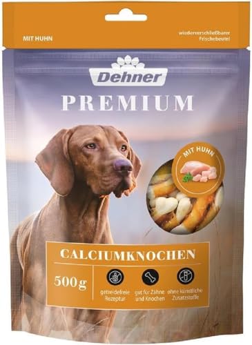 Dehner Premium Hundesnack, Leckerli getreidefrei / fettarm, Calciumknochen für ausgewachsene Hunde, mit Hühnerbrustfilet umwickelt, 500 g von Dehner
