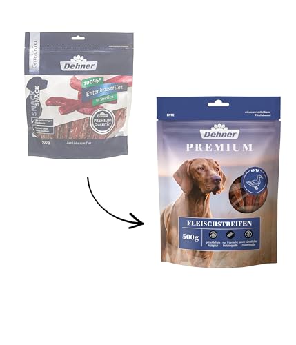 Dehner Premium Hundesnack, Leckerli getreidefrei / fettarm, Kausnack für ausgewachsene Hunde, Entenbrustfilet in Streifen, 500 g von Dehner