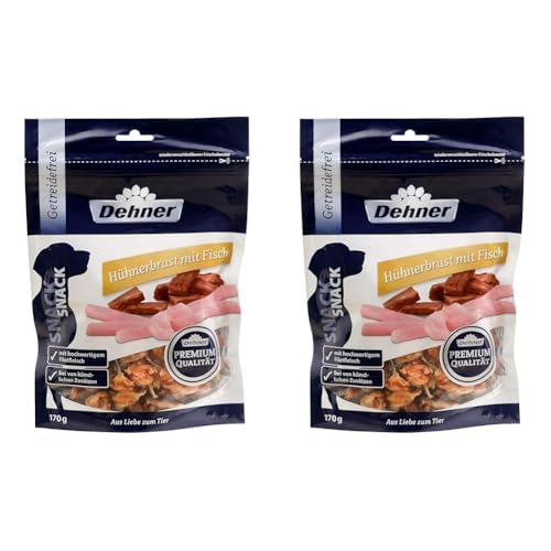 Dehner Premium Hundesnack, Leckerli getreidefrei / fettarm, Kausnack für ausgewachsene Hunde, Hühnerbrust mit Fisch, 2 x 170 g (340 g) von Dehner