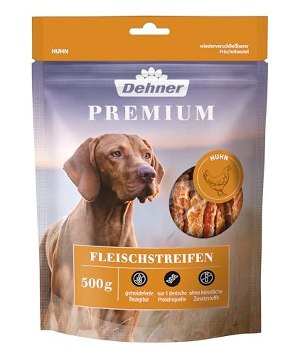 Dehner Premium Hundesnack, Leckerli getreidefrei / fettarm, Kausnack für ausgewachsene Hunde, Hühnerbrustfilet in Streifen, 500 g von Dehner