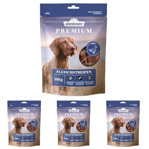 Dehner Premium Hundesnack, Leckerli getreidefrei/fettarm, Kausnack für ausgewachsene Hunde, Entenbrustfilet in Streifen, 500 g (Packung mit 4) von Dehner