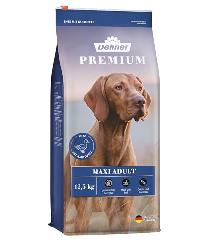 Dehner Premium Hundefutter Maxi Adult, Trockenfutter getreidefrei / zuckerfrei, für ausgewachsene Hunde großer Rassen, Ente / Lamm / Kartoffel, 12.5 kg von Dehner