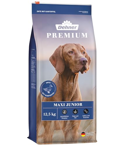 Dehner Premium Hundefutter Maxi Junior, Trockenfutter getreidefrei, für Welpen und junge Hunde großer Rassen, Ente / Lamm / Kartoffel, 12.5 kg von Dehner