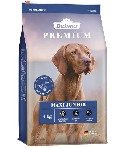 Dehner Premium Hundefutter Maxi Junior, Trockenfutter getreidefrei, für Welpen und junge Hunde großer Rassen, Ente / Lamm / Kartoffel, 4 kg von Dehner