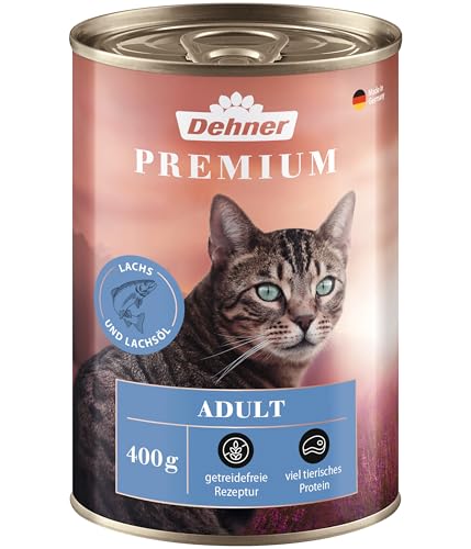 Dehner Premium Katzenfutter, Nassfutter getreidefrei, für ausgewachsene Katzen, Lachs, 6 x 400 g Dose (2.4 kg) von Dehner