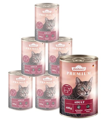 Dehner Premium Katzenfutter, Nassfutter getreidefrei, für ausgewachsene Katzen, Rind, 6 x 400 g Dose (2.4 kg) von Dehner