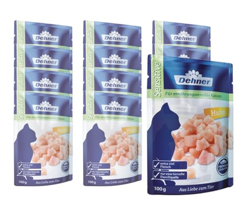 Dehner Premium Katzenfutter Sensitiv, Nassfutter gereidefrei, für ausgewachsene ernährungssensible Katzen, Huhn, 12 x 100 g Beutel (1.2 kg) von Dehner