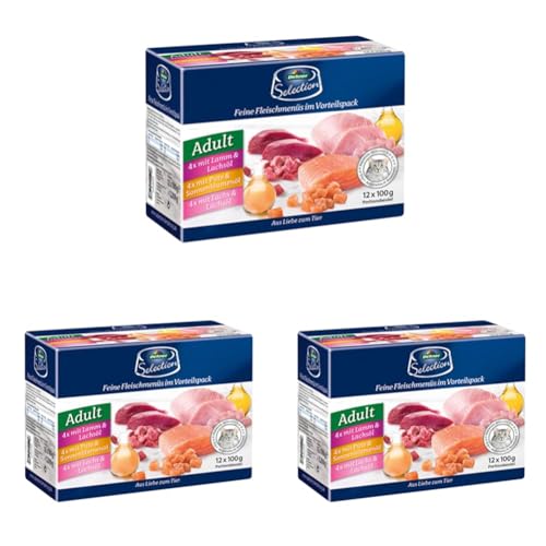 Dehner Premium Katzenfutter Multipack, Nassfutter, für ausgewachsene Katzen, je 4 x Lamm/Pute/Lachs, 12 x 100 g Beutel (1.2 kg) (Packung mit 3) von Dehner