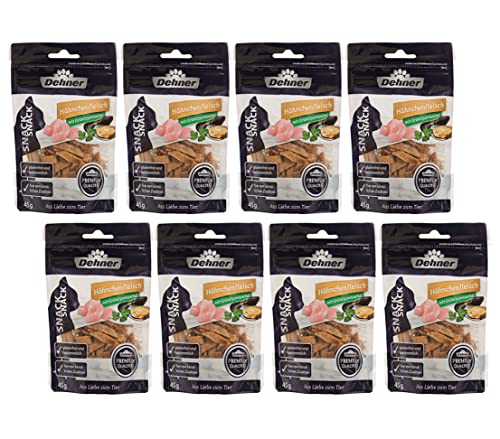 Dehner Premium Katzensnack, Leckerli glutenfrei, für ausgewachsene / sensible Katzen, Hähnchenfleischstreifen, 8 x 45 g (360 g) von Dehner