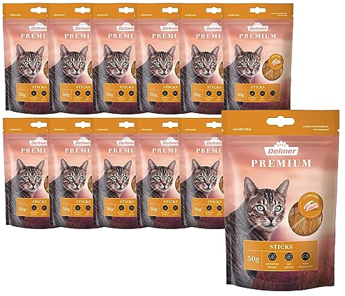 Dehner Premium Katzensnack, Leckerli getreidefrei / zuckerfrei, für ausgewachsene / sensible Katzen, Hähnchenfleisch-Sticks, 12 x 50 g (600 g) von Dehner