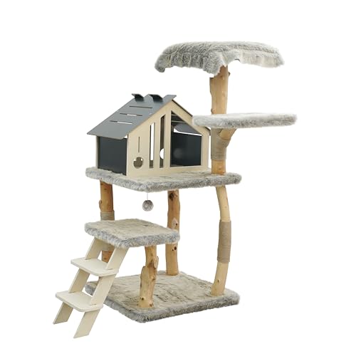 Dehner Premium Lovely Kratzbaum, Kletterbaum mit Liegeflächen & Kratzzonen für Katzen, 92 x 129 x 75 cm, Plüsch/Jute/Holz, Natur von Dehner