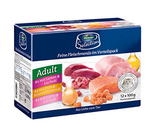 Dehner Premium Katzenfutter Multipack, Nassfutter, für ausgewachsene Katzen, je 4 x Lamm / Pute / Lachs, 12 x 100 g Beutel (1.2 kg) von Dehner