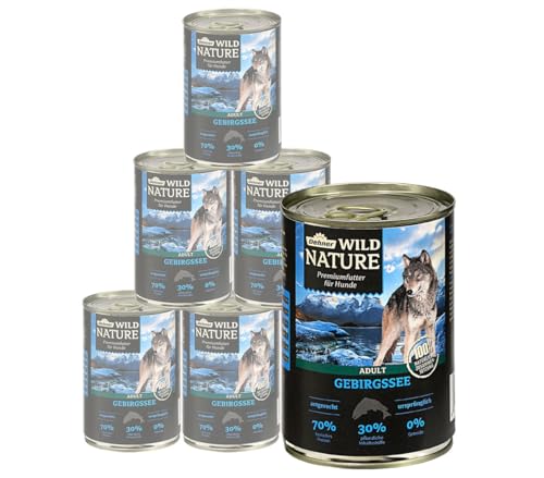 Dehner Wild Nature Hundefutter Gebirgssee, Nassfutter getreidefrei / zuckerfrei, für ausgewachsene Hunde, Lachs / Huhn, 6 x 400 g Dose (2.4 kg) von Dehner