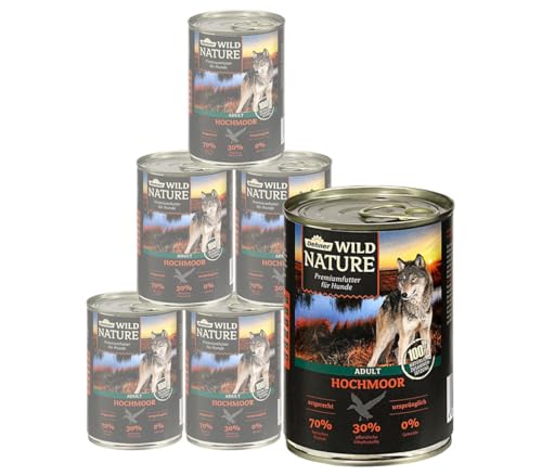 Dehner Wild Nature Hundefutter Hochmoor, Nassfutter getreidefrei / zuckerfrei, für ausgewachsene Hunde, Ente, 6 x 400 g Dose (2.4 kg) von Dehner