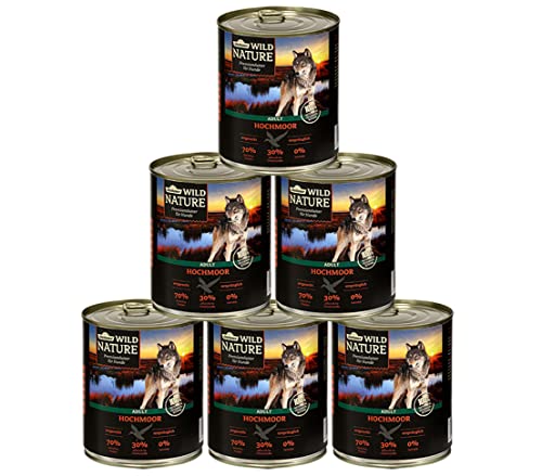 Dehner Wild Nature Hundefutter Hochmoor, Nassfutter getreidefrei / zuckerfrei, für ausgewachsene Hunde, Ente, 6 x 800 g Dose (4.8 kg) von Dehner