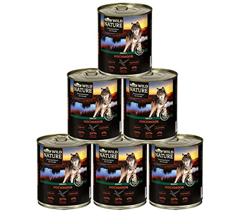 Dehner Wild Nature Hundefutter Hochmoor, Nassfutter getreidefrei / zuckerfrei, für ausgewachsene Hunde, Ente, 6 x 800 g Dose (4.8 kg) von Dehner